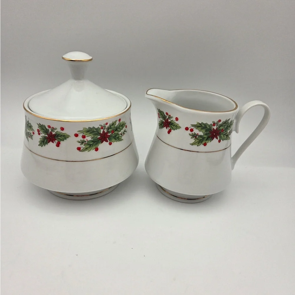 Vintage Lynns Fine China Cream and Sugar Set- Christmas Edition-goldtone trim